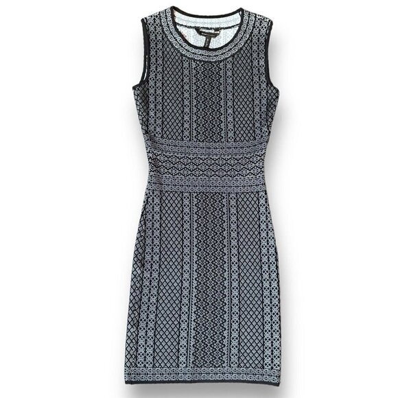 BCBG Max Azria Womens Jose Dress XS Black White Geometric Knit Bodycon Sheath - Picture 2 of 9